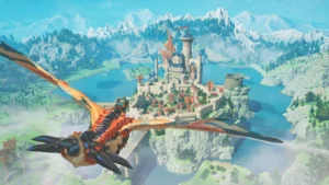 Rider montado em uma wyvern voando em direção ao castelo do reino de Vermeil em Monster Hunter Stories 3: Twisted Reflection