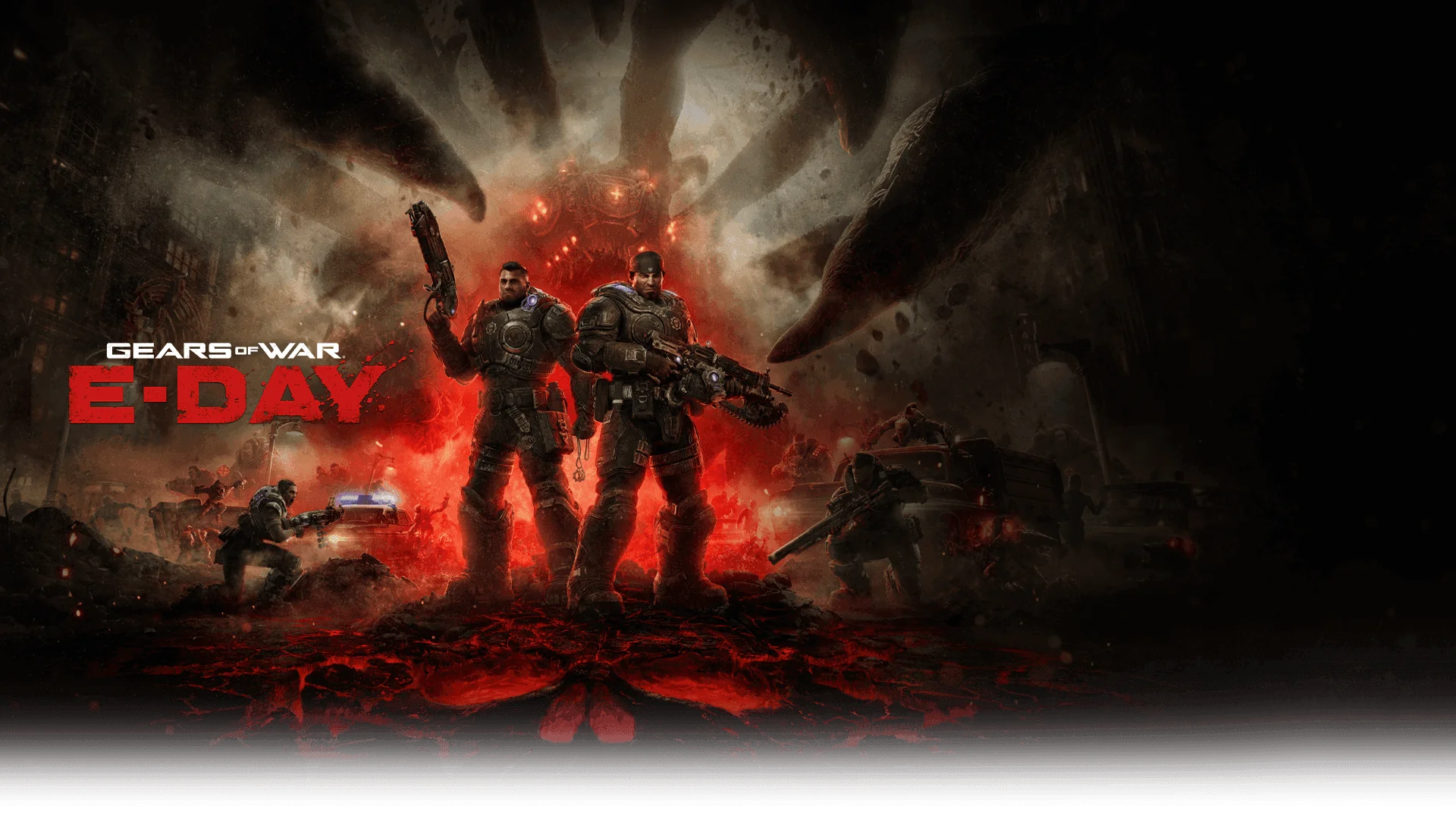 Arte oficial de Gears of War: E-Day mostrando Marcus Fenix e Dom Santiago armados diante de uma criatura Locust gigante, com o logotipo do jogo