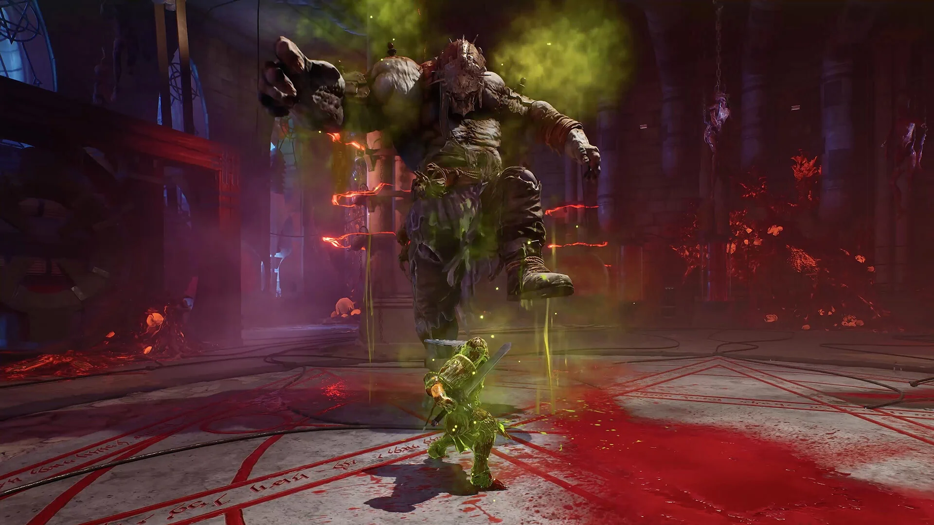 Chefe gigante em decomposição ataca um jogador em uma câmara gótica durante uma boss fight de Crimson Moon