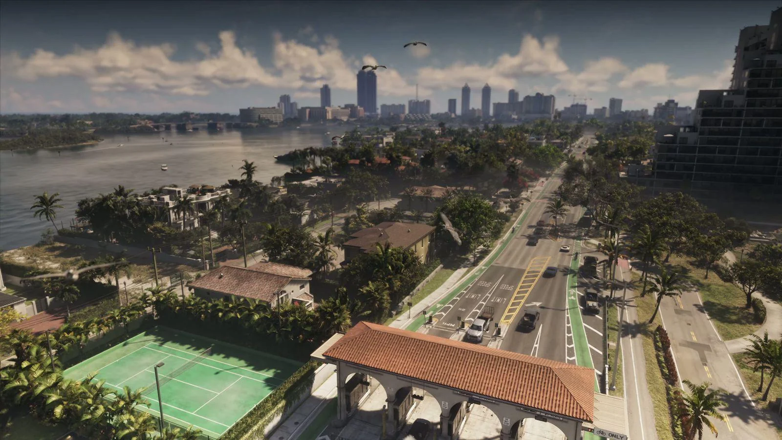 Vista panorâmica de Vice City em gameplay real de GTA 6, mostrando a escala do mapa de Leonida