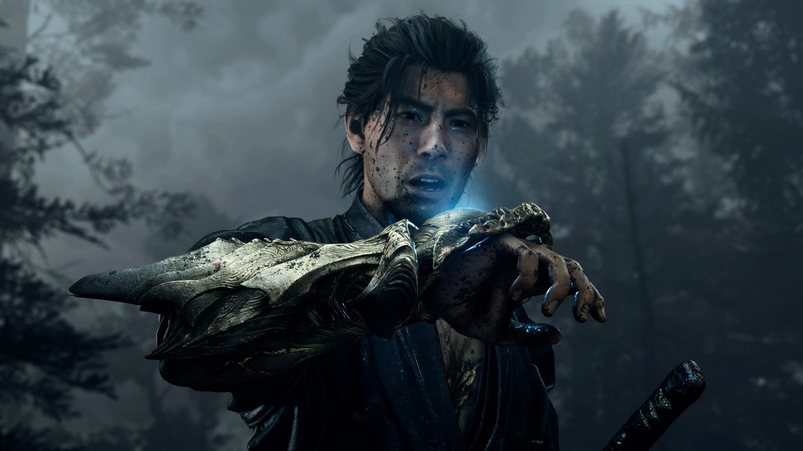 Miyamoto Musashi com o braço tomado pelo Oni Gauntlet, artefato sobrenatural que lhe dá poder para enfrentar os Genma, em Onimusha: Way of the Sword